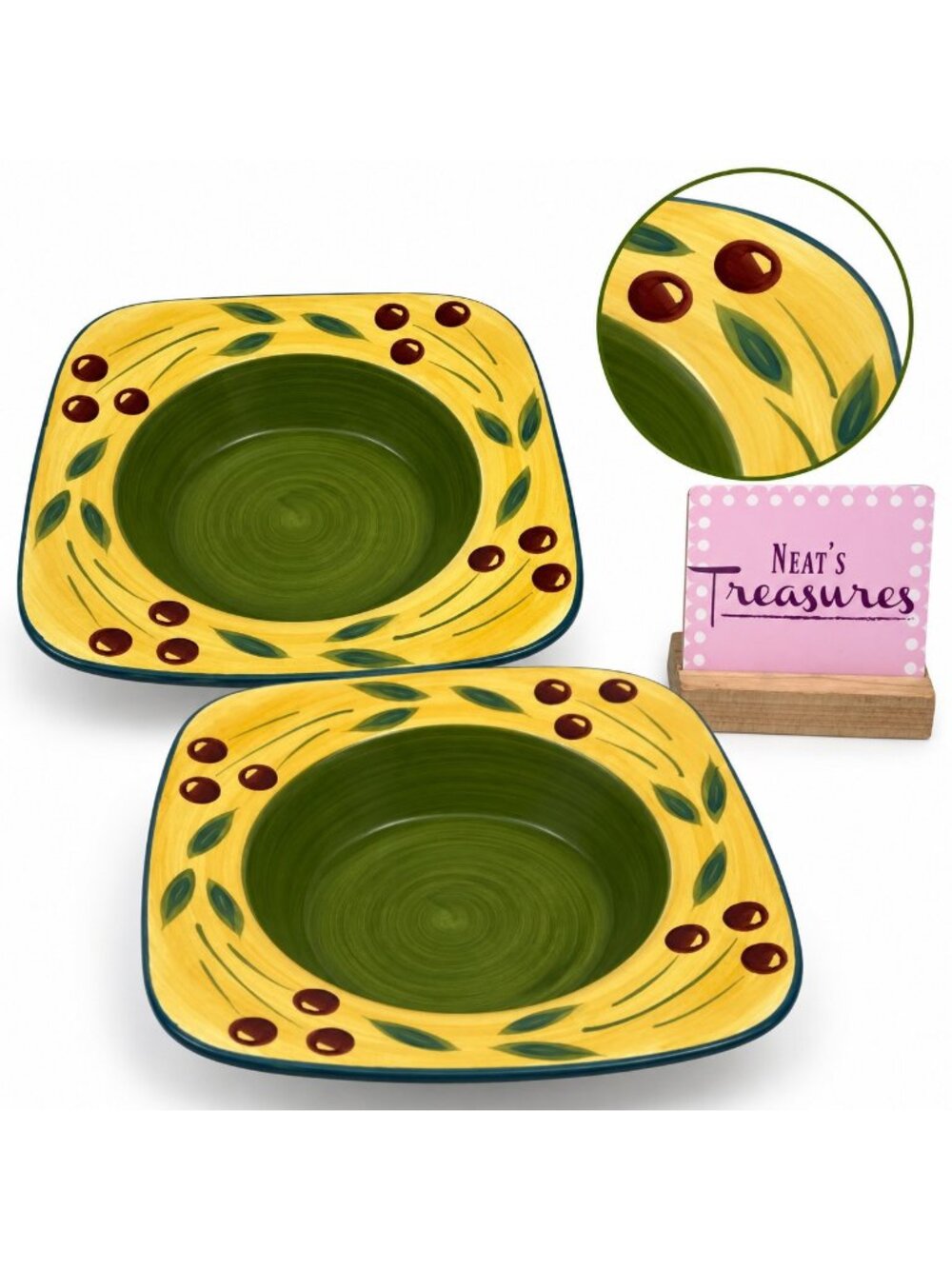 Maxam Sonoma Tuscan Olive Green Center Large Rim Square Ceramic Pasta Bowl Set 2